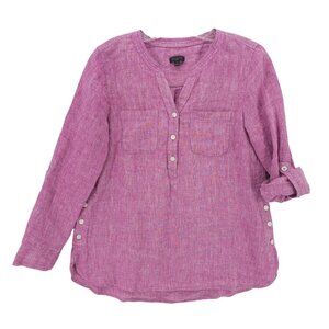 TALBOTS 100% Linen Purple Popover Shirt Button Detail Roll Tabs SMALL PETITE